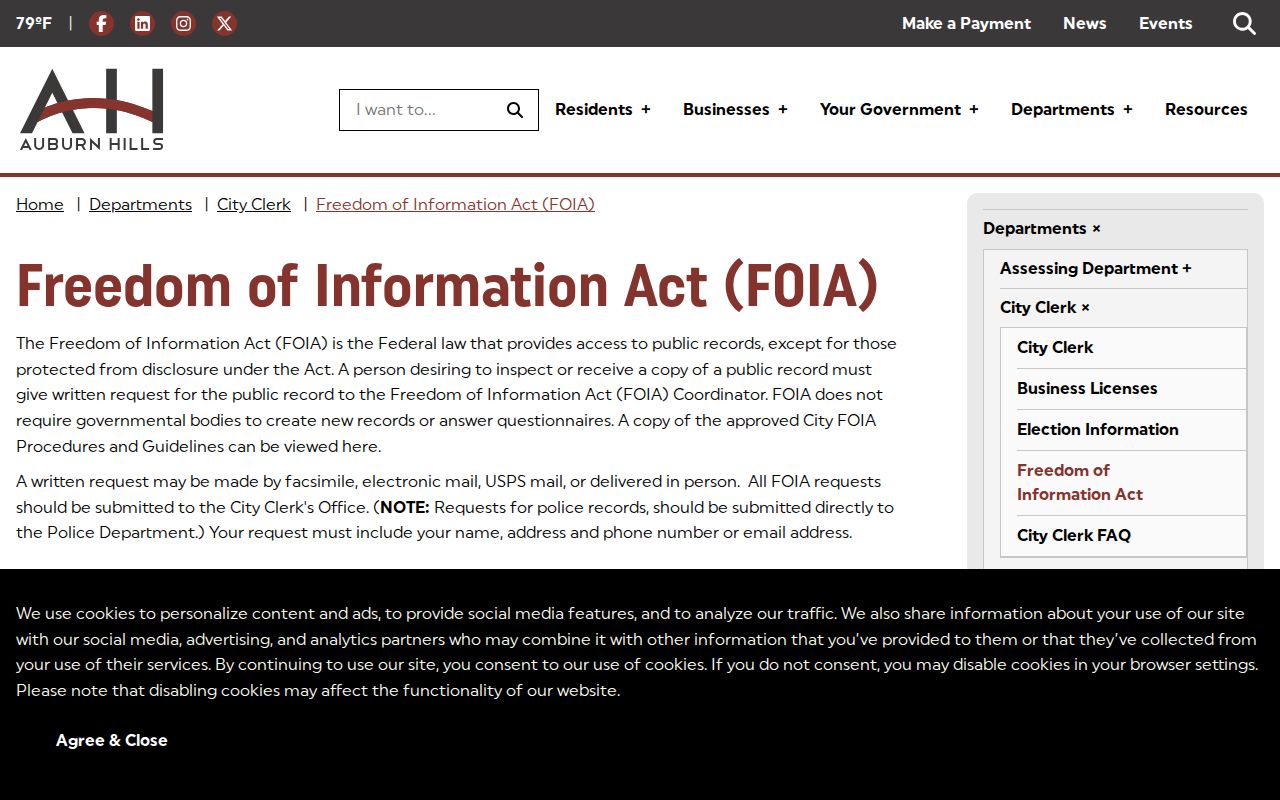 Auburn Hills residents directory city FOIA request route